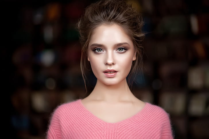 women, portrait, face, pink sweater, depth of field, brunette, HD wallpaper