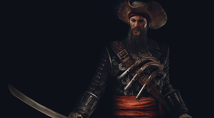 Blackbeard Assassins Creed IV Black Flag, male pirate with flintlocks and sword wallpaper