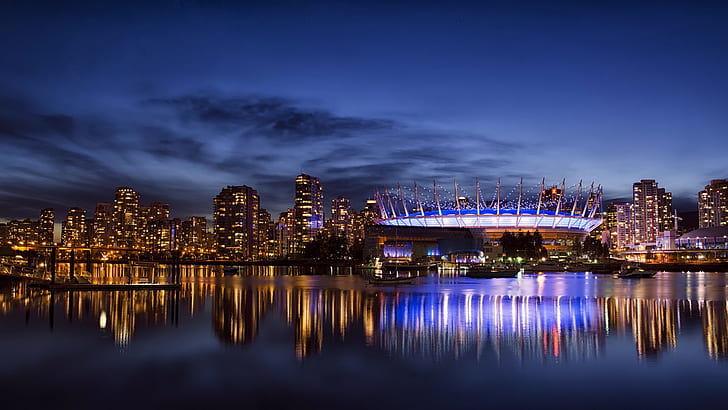 Vancouver, Canada, city, night, lights, skyscrapers, bay
