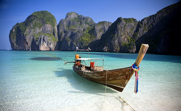Thailand Beach, brown wooden canoe, Nature, nautical vessel, water, HD wallpaper