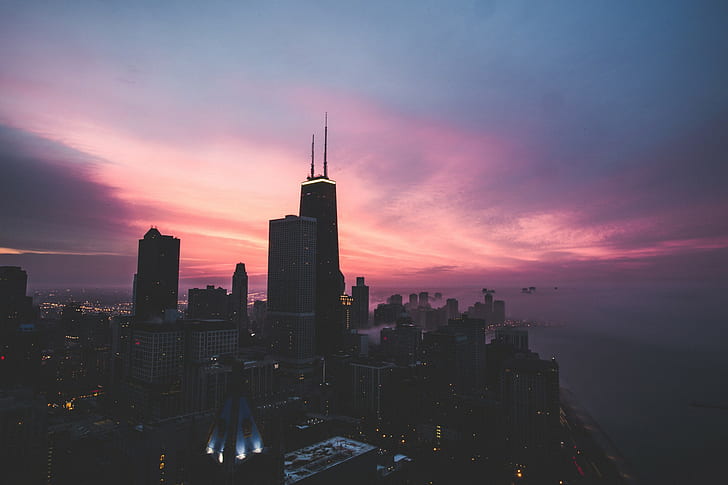 cityscape, Chicago, skyscraper, purple sky, HD wallpaper