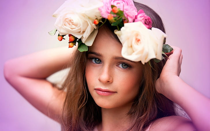 Flowers, girl, wreath, beautiful child, HD wallpaper