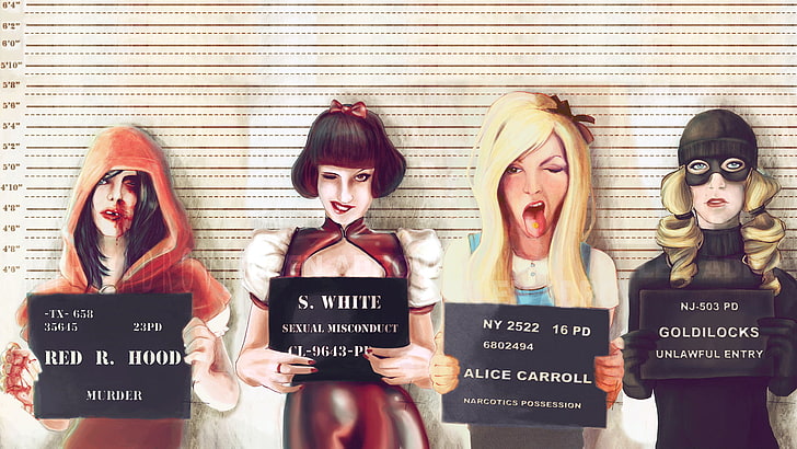 four characters wallpaper, artwork, fantasy art, Snow White, Alice in Wonderland