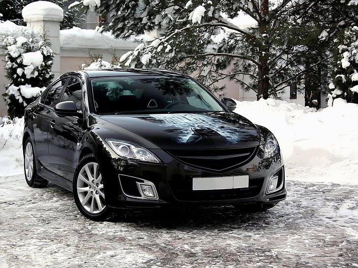 black Mazda 6 sedan, snow, Batman, car, land Vehicle, winter, HD wallpaper