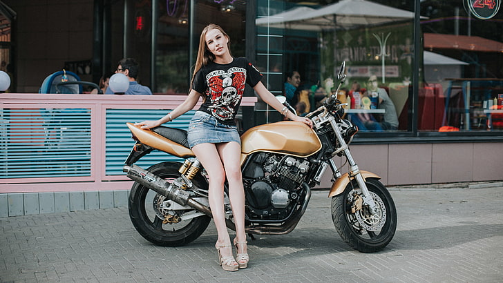 women, Anton Harisov, Fotoshi Toshi, motorcycle, skirt, T-shirt, HD wallpaper