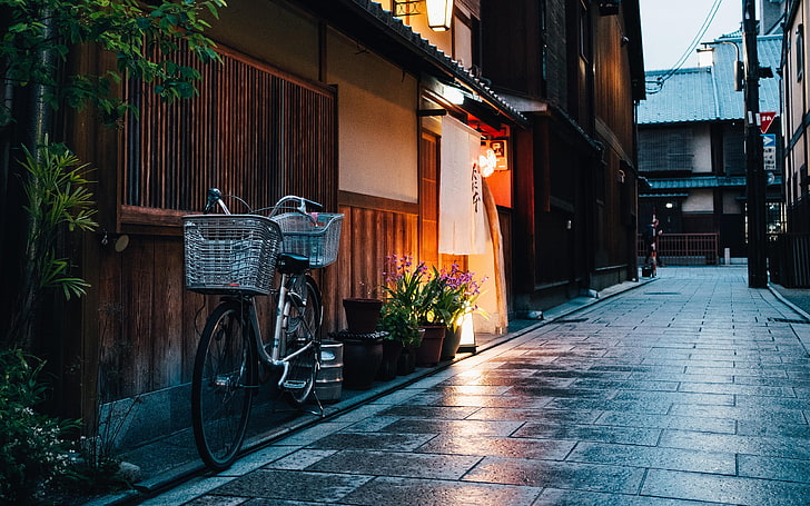 bike parked near house, street, Japan, bicycle, architecture, HD wallpaper
