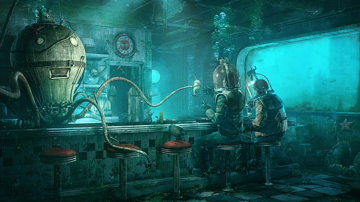 diver steampunk clocks octopuses sitting underwater diner stool Video Games Bioshock HD Art, HD wallpaper
