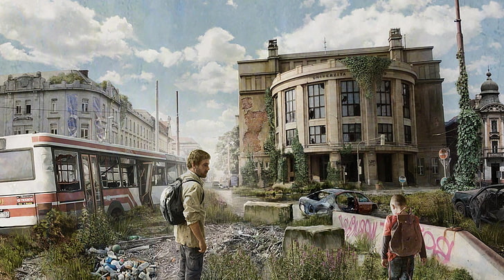 man looking at boy illustration, digital art, apocalyptic, Bratislava, HD wallpaper