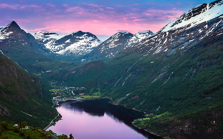 Village, 4K, Mountains, Norway, Geiranger, Fjord, HD wallpaper