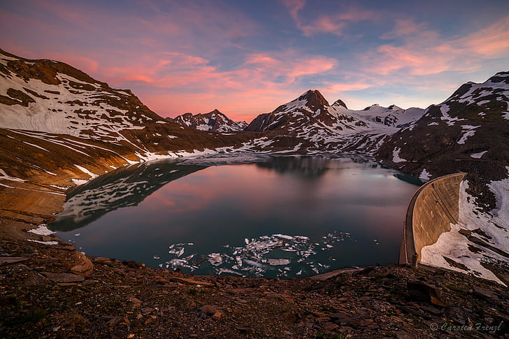 brown rocky mountain and lake, Griessee, Sunset  brown, Griesgletscher, HD wallpaper