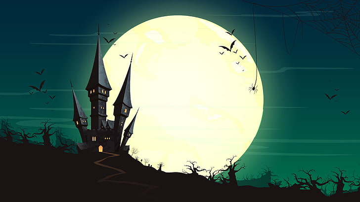 halloween, graphics, moon, darkness, night, castle, halloween night, HD wallpaper