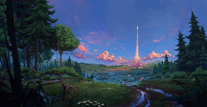 rocket launch, fantasy world, scenic, forest, bicycle, trees