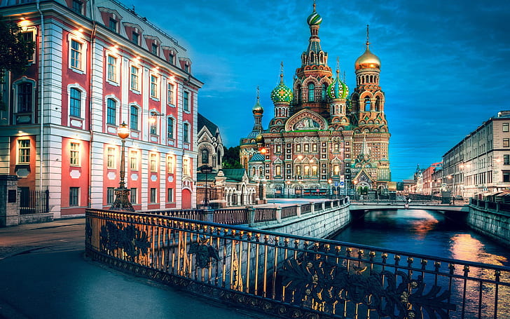 St. Petersburg, Russia, river, evening, lights, saint basil cathedral, HD wallpaper