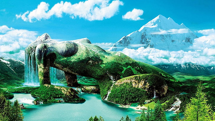 fantasy, waterfall, landscape, river, rock, tree, stone, mountain