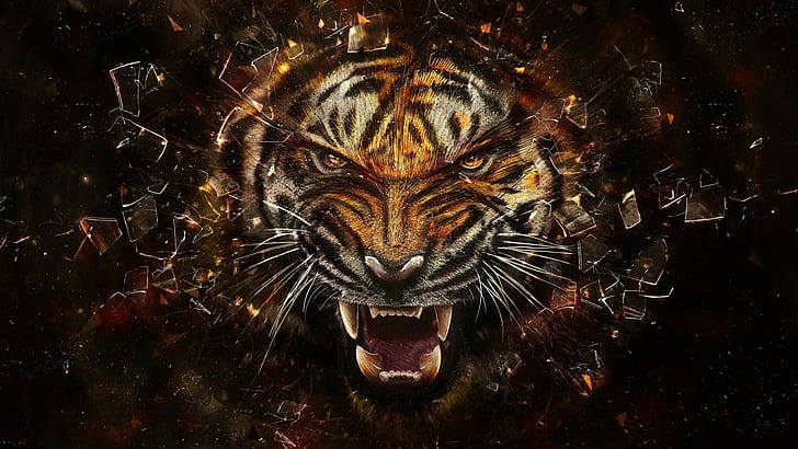 tiger glass broken glass shards face teeth animals artwork digital art, HD wallpaper