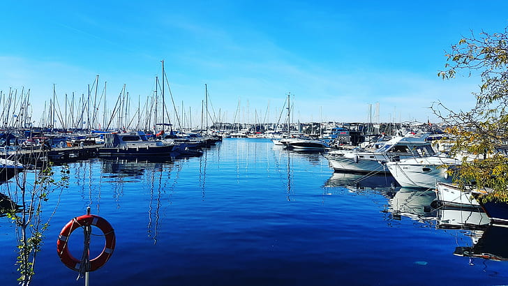 sea, sky, blue, marina, harbor, water, reflection, dock, boat, HD wallpaper