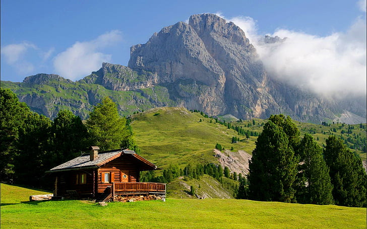 Val Gardena-Italy, brown wooden house, nice, grass, beautiful, HD wallpaper
