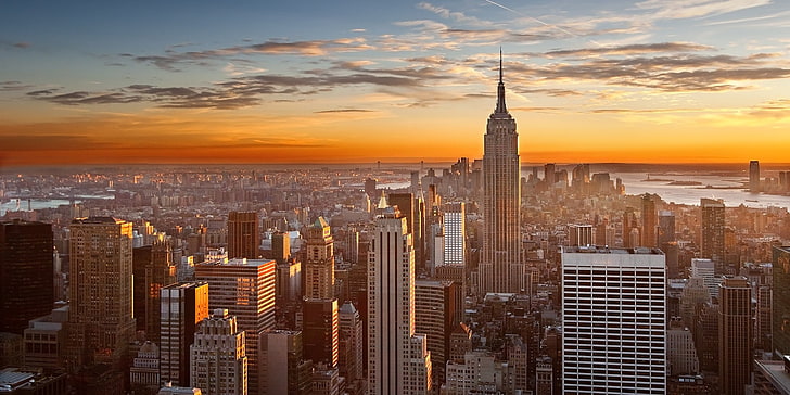 bird's eye view photo Empire State Building, New York during golden hour, HD wallpaper