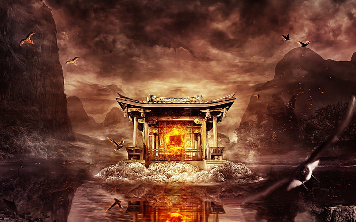 temple in the middle of body of water painting, digital art, fantasy art, HD wallpaper