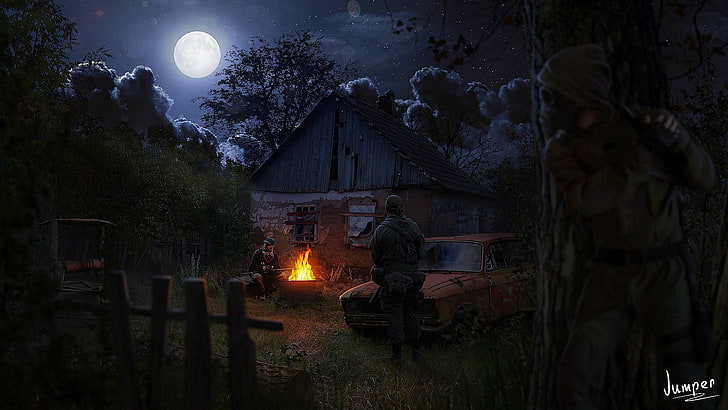 night, the moon, Stalker, Art, the fire, stalkers, tree, plant