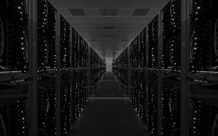 gray and black hallway, data center, server, geometry, technology