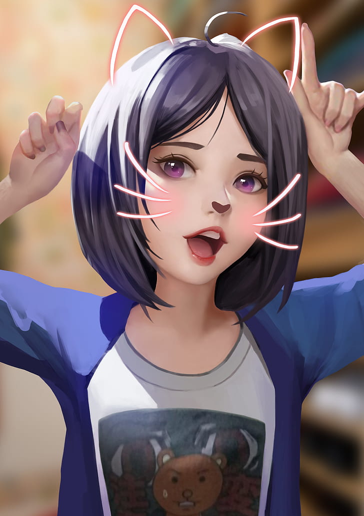 anime girls, original characters, women, dark hair, purple eyes, HD wallpaper