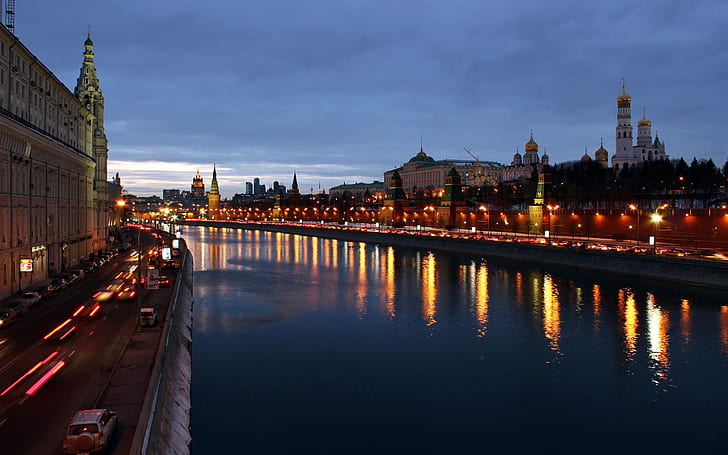 Moscow city beautiful evening, buildings, houses, river, lights, HD wallpaper