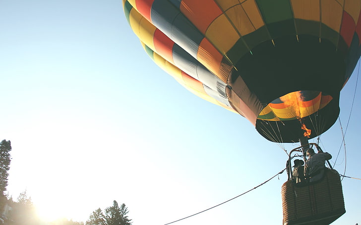 multicolored hot air balloon, hot air balloons, flying, sky, low angle view