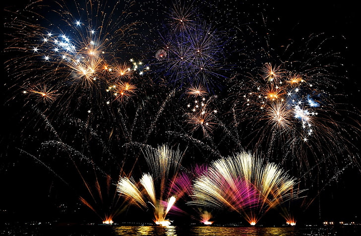 fireworks, New Year, holiday, lake, Italy, lights, night, landscape