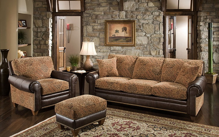 brown fabric padded 2-piece sofa set, background, widescreen