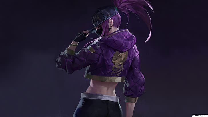 Akali, Akali(League of Legends), looking at viewer, purple background