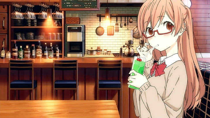 anime, anime girls, drink, food, fruit, glasses, tie, long hair, HD wallpaper