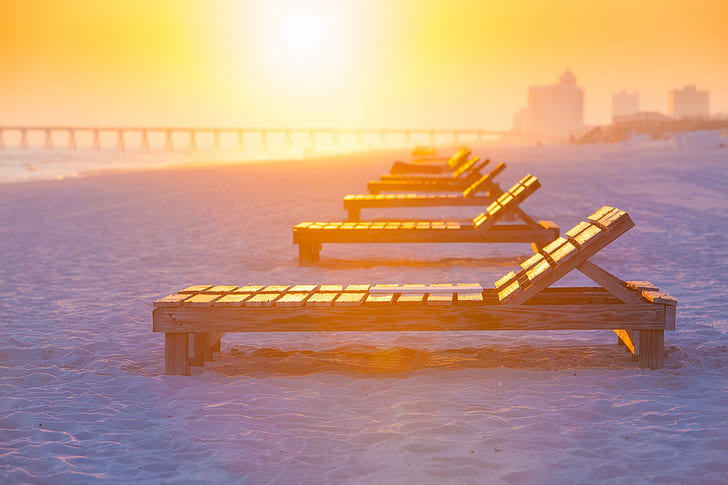 beach, summer, sun loungers, sunlight, Florida, Pensacola Beach, HD wallpaper