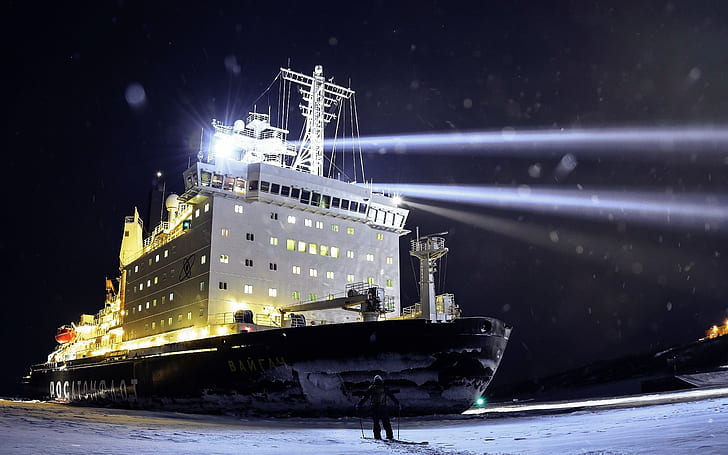 Antarctica, icebreakers, ship, snow, cold, snowing, men, night, HD wallpaper
