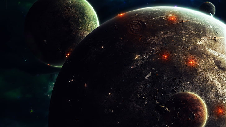 two gray planets illustration, science fiction, space art, astronomy, HD wallpaper