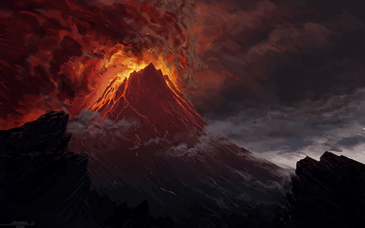 artwork, Lava, mordor, Mount Doom, The Lord Of The Rings, volcano, HD wallpaper