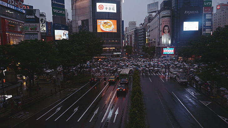 gray buildings, city, car, Japan, Tokyo, transportation, architecture