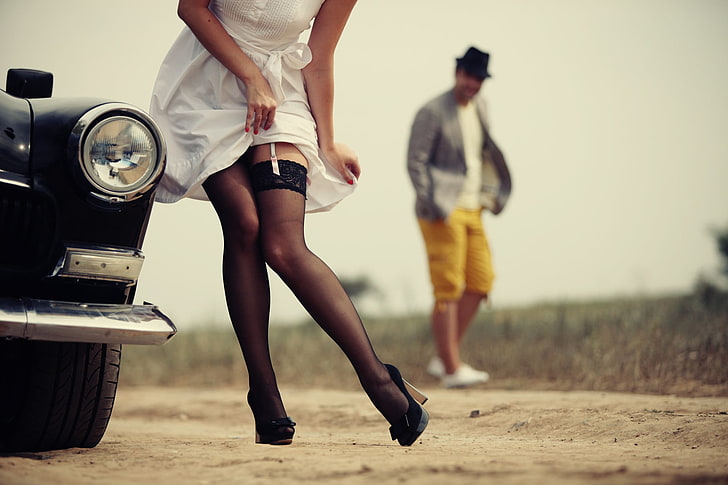 women, model, depth of field, dress, stockings, legs, heels, HD wallpaper