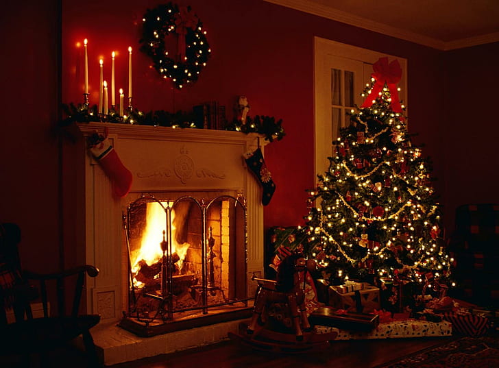christmas, holiday, fireplace, christmas tree, garlands, candles, toys, gifts, HD wallpaper