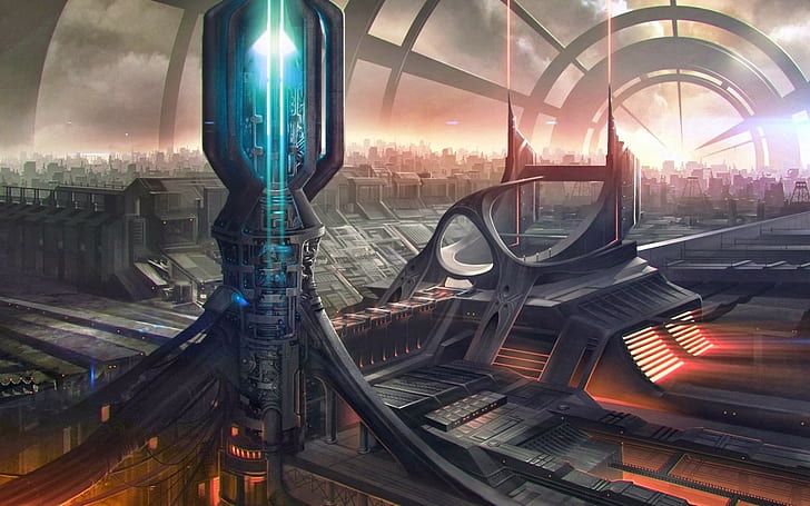 futuristic city digital artwork, science fiction, transportation