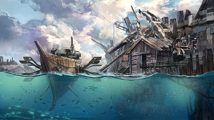 fantasy art, underwater, steampunk, boat, vehicle, sky