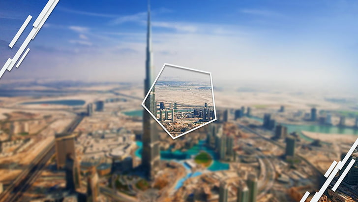 high-rise building, city, Dubai, digital art, Pentagon, blurred