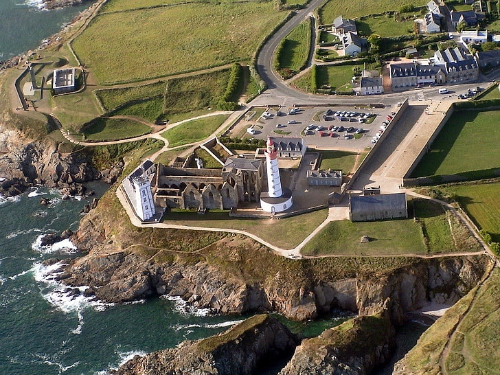 lighthouse, aerial view, Pointe Saint-Mathieu, Brittany, France, HD wallpaper