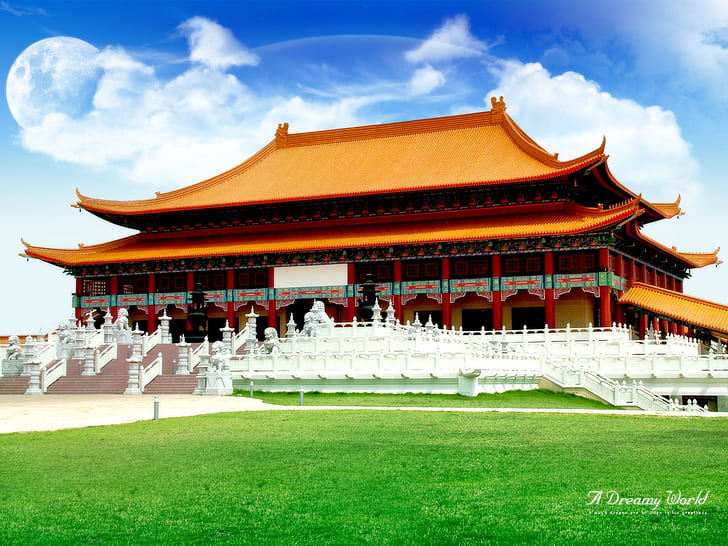 Beijing, Asian architecture, digital art, Moon, building, Forbidden City, HD wallpaper