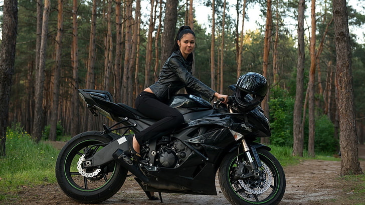 black sports bike, women, motorcycle, Kawasaki ninja, zx6r, tree