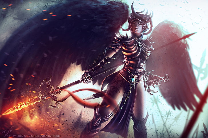 woman with wings holding spear illustration, anime, demon, one person
