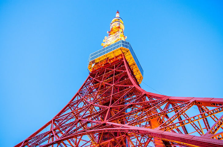 Japan, Tokyo Tower, worm's eye view, sky, architecture, blue, HD wallpaper