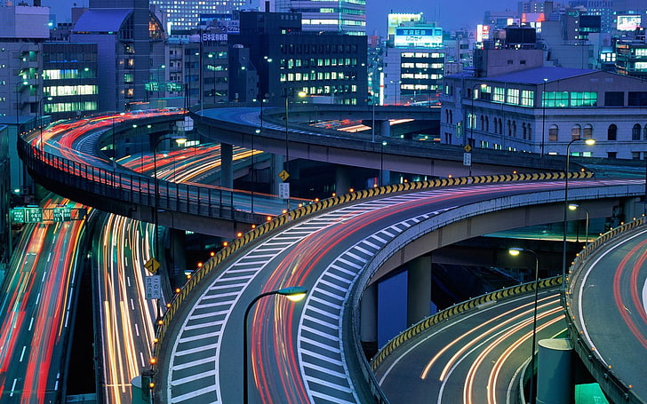 time-lapse photography of the busy road, city, cityscape, long exposure