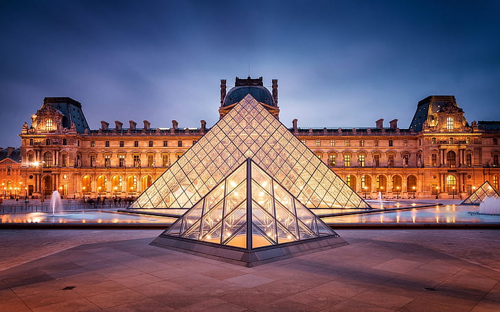 Paris, France, Louvre, city, lights, night, pyramid, clear glass triangular frame