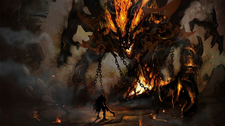 monster character wallpaper, demon, fantasy art, chains, warrior